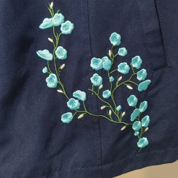 Y2K Dennis By Dennis Basso Embroidered Jacket Medium Navy Peacoat Cherry Blossom - Picture 5 of 9